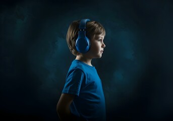 Autistic boy child wearing noise cancelling headphones in profile with dark fog cloud background symbolizing introspection and neurodiverse pride emotional isolation and sensory overload