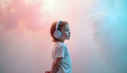 Autistic child wearing noise cancelling headphones surrounded by pastel clouds symbolizing sensory sensitivity and emotional strength