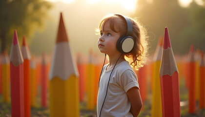 Autistic child wearing noise canceling headphones walking among giant colored pencils symbolizing creativity and neurodivergent imagination inclusive education