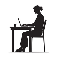 Silhouette of a woman working on a laptop isolated on white background