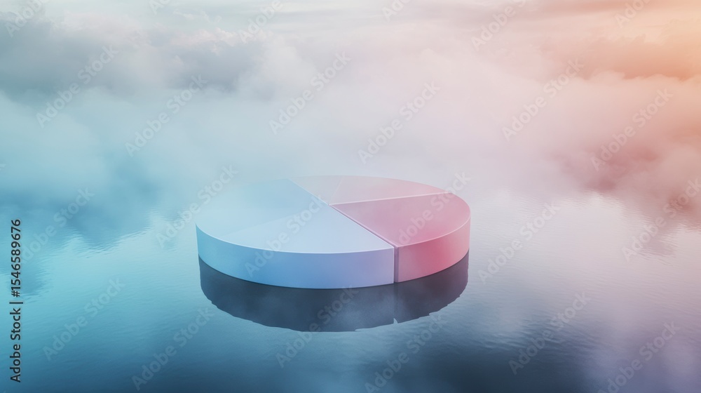 Poster pie chart reflecting on calm water with cloudy sky background.