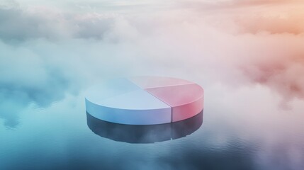 Pie chart reflecting on calm water with cloudy sky background.