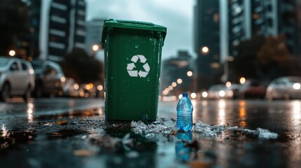 A green recycle bin stands on a wet city street next to a discarded plastic bottle, highlighting the urgent need for recycling and environmental awareness in urban life.
