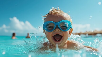 Naklejka premium A happy baby wearing blue goggles is splashing joyfully in a bright blue pool, epitomizing the carefree spirit of childhood and the joy of water play during summer.