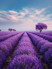 Obraz premium Purple lavender field under a clear sky, 4K