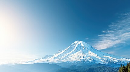 This breathtaking image features a majestic snow-capped mountain towering over a sea of green hills under a bright blue sky, inspiring a sense of tranquility and the beauty of nature.