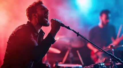 This dynamic image captures an energetic live music performance with a singer passionately belting into the microphone while colorful lights engage the audience in a lively atmosphere.