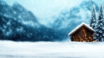 Naklejka premium A picturesque winter scene showcasing a cozy cabin adorned with glowing lights, nestled amidst snow-covered trees and majestic mountains, evoking feelings of warmth and nostalgia.