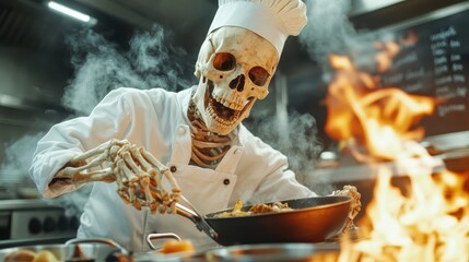 A skeletal chef passionately stirs ingredients in a sizzling kitchen, showcasing a blend of culinary skill and a hint of macabre humor in this extraordinary kitchen atmosphere.