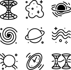 Fototapeta premium Space anomalies icon set. Space and astrophysics. Black holes, wormholes, gravity, galaxies, quantum, etc. Line icons set. Vector outline symbols