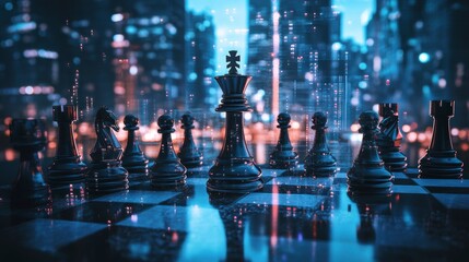 Black chess pieces on a board against a city backdrop.