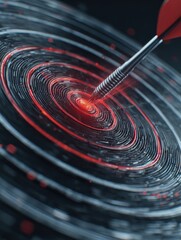 Close-up of a digital dart hitting bullseye, an allegory for precision, goal achievement, and strategic success - AI generated