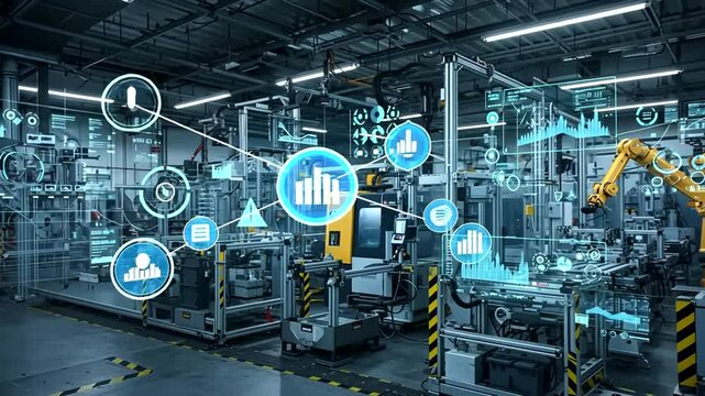 Industrial facility with augmented reality displays and robotic arm - Powered by Adobe