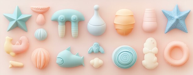 A collection of pastel-colored shapes including starfish, fish, and drops arranged on a soft background.