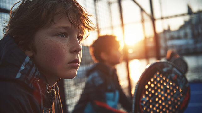 Thoughtful boy with freckles holding a padel racket at sunset, with teammate in background, highlighting youth sports, focus and outdoor training atmosphere. - Powered by Adobe