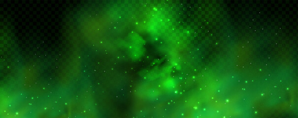 Realistic texture of mystical smoke in the background, with green fog swirling and sparkling with glowing particles, as starry neon magic dust shimmers throughout. © gala