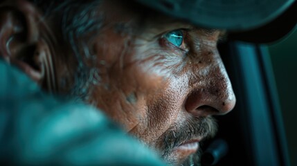 A close-up captures the intense expression of a rugged man with striking blue eyes, revealing the depth of emotion and experience etched on his weathered face.