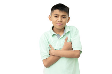 Latin american boy hugging himself showing affection and love