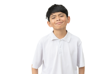 Hispanic boy wearing white polo shirt smiling on white background