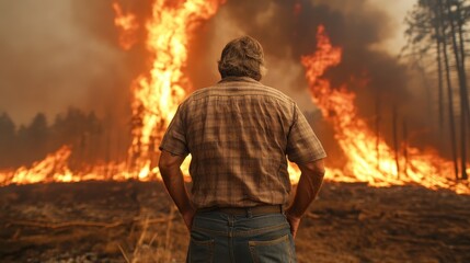 A solemn image of a man standing with his back to the viewer, observing a raging wildfire consuming the dense forest, highlighting the impact of natural disasters on ecosystems and people.