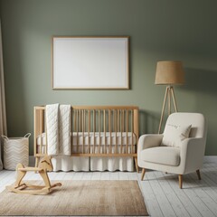 Horizontal Wooden Frame Mockup in a Cozy Scandinavian Nursery with a Sage Green Wall