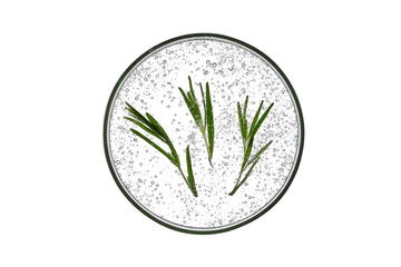 Isolate of a petri dish with a whey texture with a sprig of rosemary on a white background.
