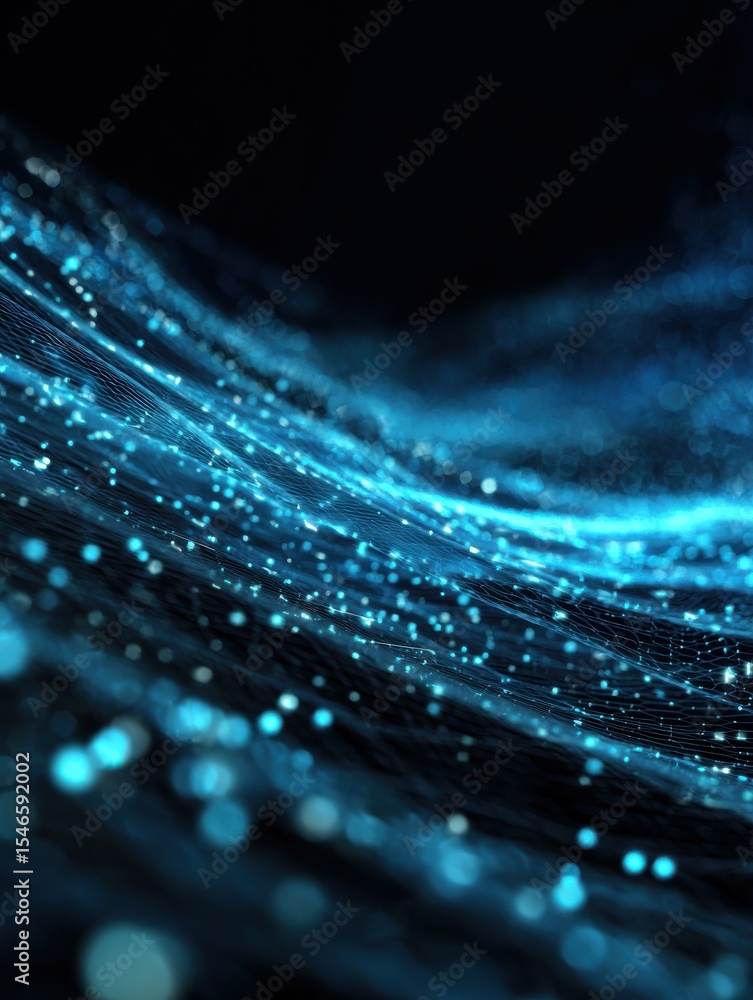Poster a mesmerizing display of glowing blue data streams flowing through an abstract digital grid, symboli