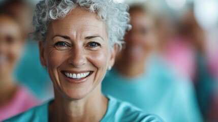 A joyful senior woman with curly hair smiles warmly, showcasing her positive spirit in a vibrant setting filled with people, representing the beauty of aging and happiness.