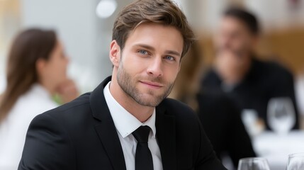 Stylish Young Man in Formal Attire Smiling at Table in Modern Restaurant Setting with Friends Around