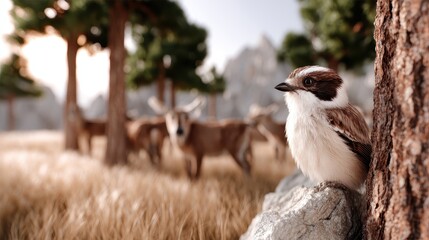 Fototapeta premium Scenic nature landscape featuring a small bird perched on a rock near grazing deer in a lush setting