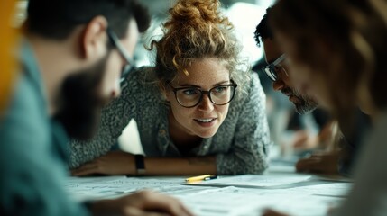 A focused group of individuals engages in collaboration, demonstrating teamwork and brainstorming ideas around a table covered with papers and notes.