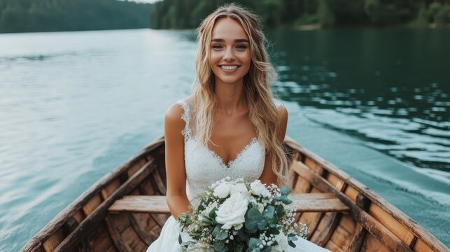 A joyful bride in a rustic boat, surrounded by serene waters and lush landscapes, radiating love and happiness, perfect for wedding and romance-themed projects.
