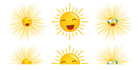 Realistic Yellow sun icon set, sunshine and solar glow, sunrise or sunset. Decorative circle full and half sun and sunlight. Hot solar energy for tan. 