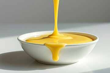 Yellow liquid pours into a white bowl with some spilling over the edge creating a smooth glossy texture A cast shadow appears on the white surface