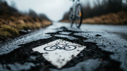Naklejka premium An artistic view of a cracked road featuring a bicycle sign, evoking feelings of challenges in cycling and the need for resilience amidst adverse conditions like rain.