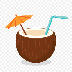 Vector CartoonCoconut Drink with Straw and Umbrella. Tropical Summer Vector for Beach Cocktail, Coconut Water, Exotic Juice, Island Drink, Vacation Icon, Summer Party, Travel Clipart, Drink Design