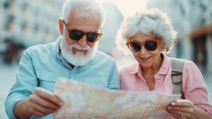 An elderly couple examining a map together on a sunny day in the city, reflecting their joy of exploration and the importance of companionship in discovering new places.