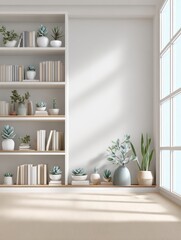 Office interior backdrop for online meetings. Light home office setting bookshelves background with succulent plants. Minimalist online workspace aesthetics. Room design with window shadow drop.