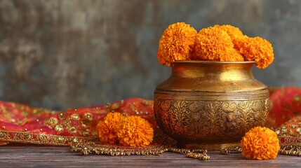 marigold, garland, urn, brass, independence, india, celebration, festive, tradition, culture, saffron, silk, fabric, henna, pattern, decoration, ceremonial, ritual, heritage, patriotism, national, hol