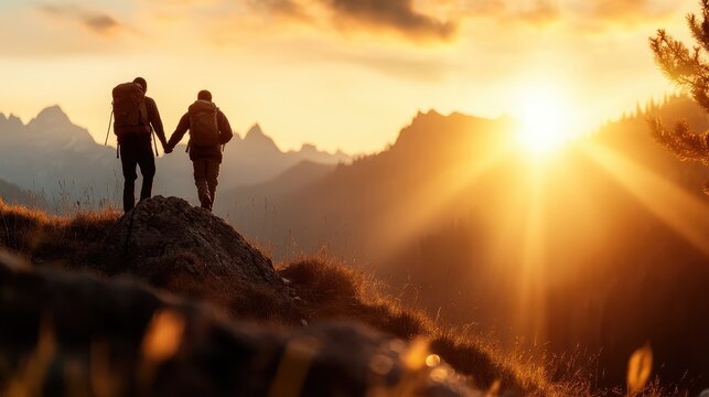 A couple holding hands while hiking in a stunning sunset landscape, showcasing the beauty of nature and the connection between partners during their outdoor adventure.