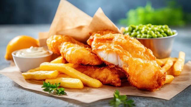 A mouthwatering plate of crispy fish and chips, served with a side of bright green peas and a lemon slice, highlighting classic British cuisine in a vibrant presentation. - Powered by Adobe