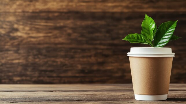A fresh green plant growing inside a disposable coffee cup symbolizes environmental sustainability and eco-friendly practices in a creative, artistic setting. - Powered by Adobe