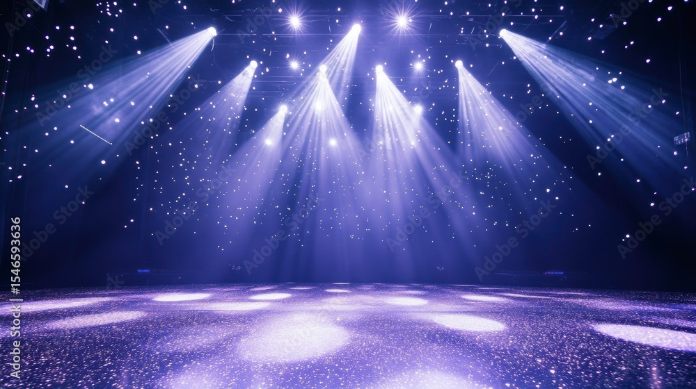 Poster bright stage spotlights illuminate an empty performance area with a purple haze and sparkling floor.