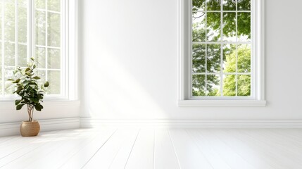 Fototapeta premium A bright, minimalist room showcases large windows allowing natural light to flood in, illuminating the space filled with greenery, creating a serene and peaceful atmosphere.