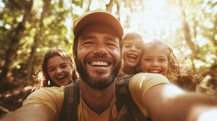 A happy father takes a joyful selfie with his kids surrounded by nature, capturing a moment of pure happiness and adventure in the woods on a sunny day.