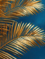 Golden palm leaf pattern texture on blue abstract background Copy space for graphic design tropical summer concept Vintage tone filter effect color style : Generative AI