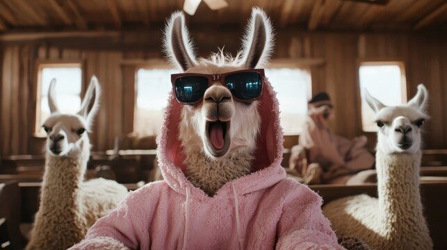 A comical scene showing llamas wearing sunglasses in a barn, providing a whimsical and humorous take on farm life and the playful nature of animals in a charming setting.