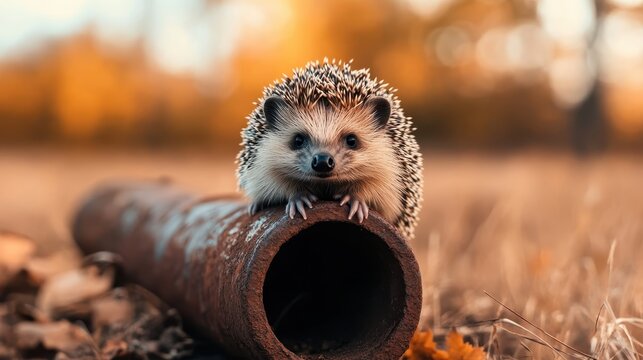 A cute hedgehog perched on a rusty pipe, surrounded by blurred autumn foliage, captivating viewers with its inquisitive gaze and spiky fur in a serene natural environment.