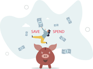 Money decision, save or spend, financial options when receive bonus or extra money, choose to invest or pay off debt concept. character life .