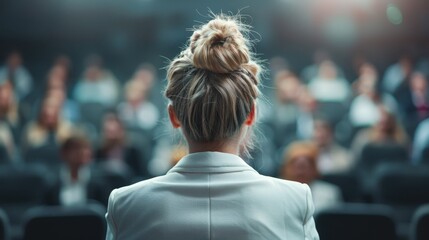 A focused view from behind a speaker observing an engaged audience, highlighting the importance of communication and connection in public speaking scenarios.